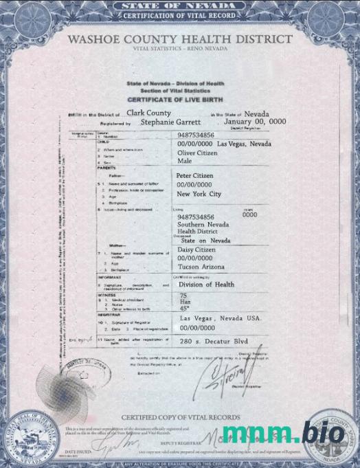 USA Nevada state narodziny certyfikat szablon w formacie PSD
